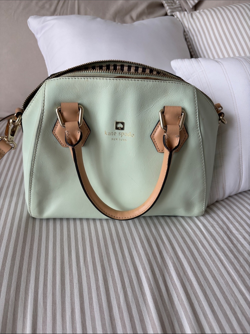 kate spade mint green leather satchel with tan handles